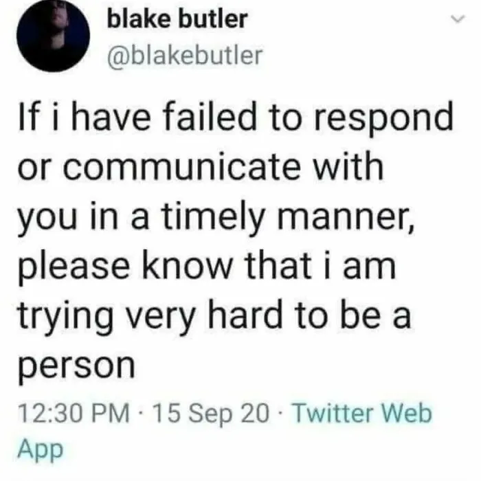 A relatable meme on Twitter about trying hard to be a person when failing to communicate.