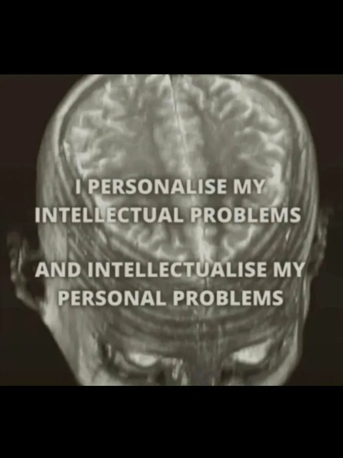 A funny relatable meme about overthinking featuring an MRI scan of a human brain