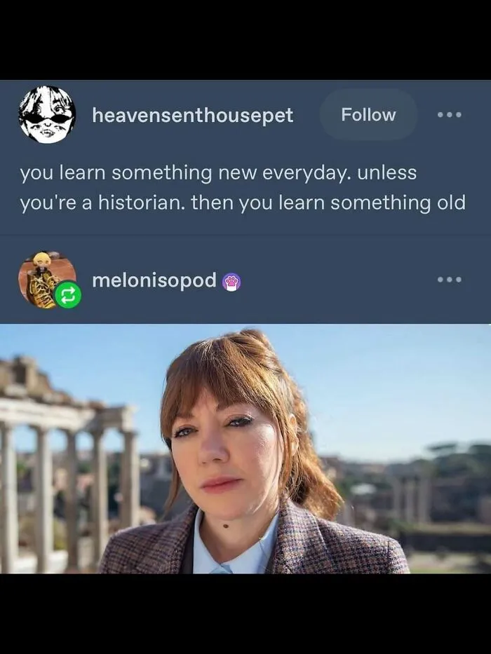 Relatable memes with a social media post joke about historians learning something old next to a woman's photo.
