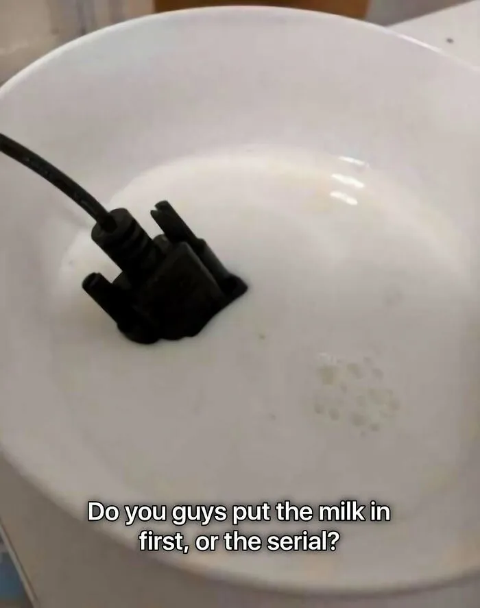 A funny out-of-context pic showing a black serial cable dipped in a bowl of milk with a pun caption about cereal.