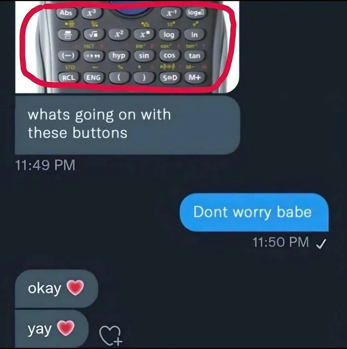 Text message showing a circled scientific calculator, featured in out-of-context pics.