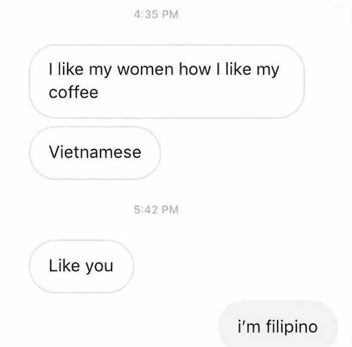 Out-of-context text message exchange with a funny misunderstanding about nationality