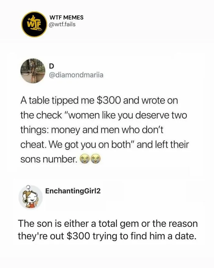 Fun posts social media screenshot about a large tip left at a restaurant with a humorous reply about dating