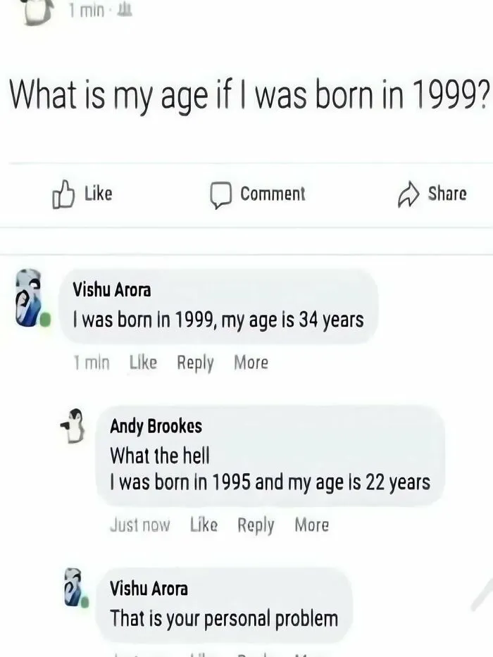 Funny screenshot of out-of-context social media comments discussing birth years and ages