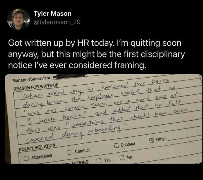 Entertaining post showing an HR write-up for drinking four beers during lunch