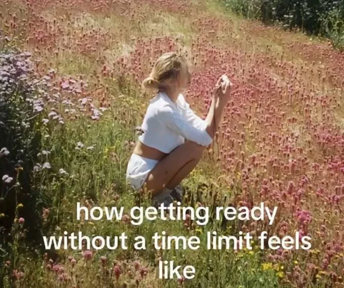 Humorous memes showing a woman squatting in a flower field with no time limit
