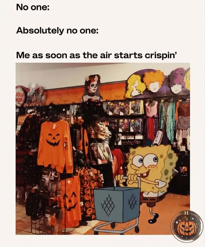Funny Halloween memes featuring SpongeBob pushed through a Halloween costume aisle with a shopping cart.