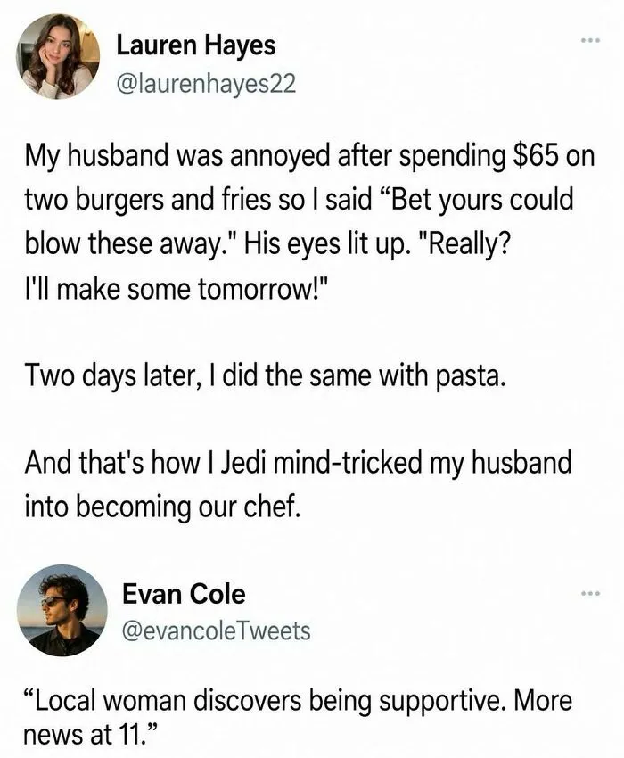 Entertaining post about tricking a husband into cooking meals.