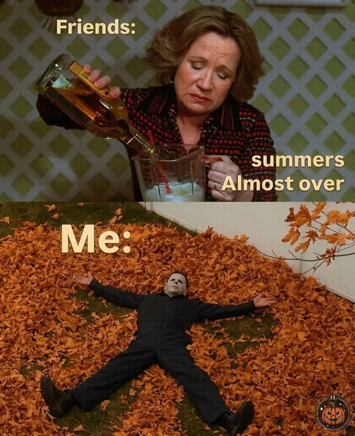 Two panel meme with a sad woman and Michael Myers lying in leaves from spooky season memes
