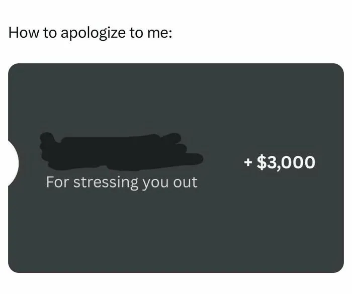 Apology meme showing a $3000 charge for stressing someone out