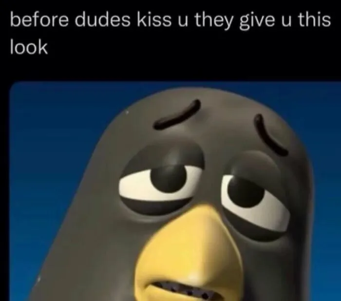 Cartoon bird giving a tired look before a kiss in relatable meme