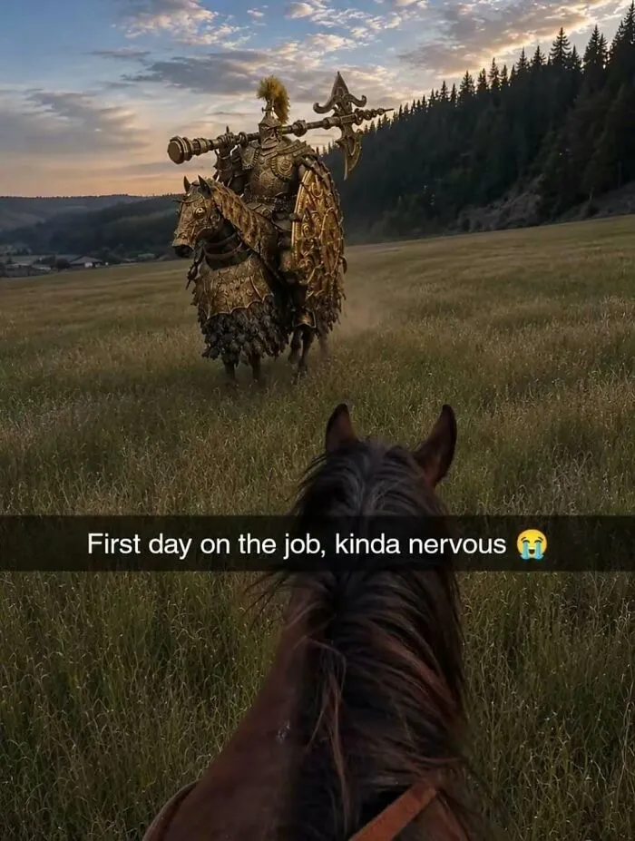 Hilarious gaming meme featuring a golden knight on horseback, capturing funny sense of humor.