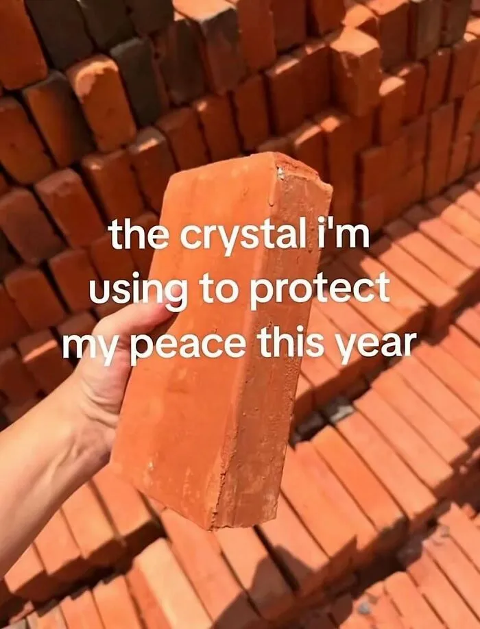 Relatable memes showing a hand holding a brick to protect personal peace.