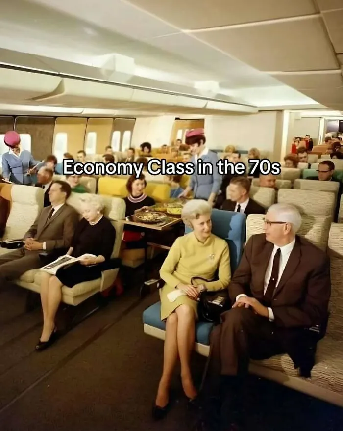 Vintage airplane meme comparing 1970s economy class, great for lighthearted sense of humor jokes.