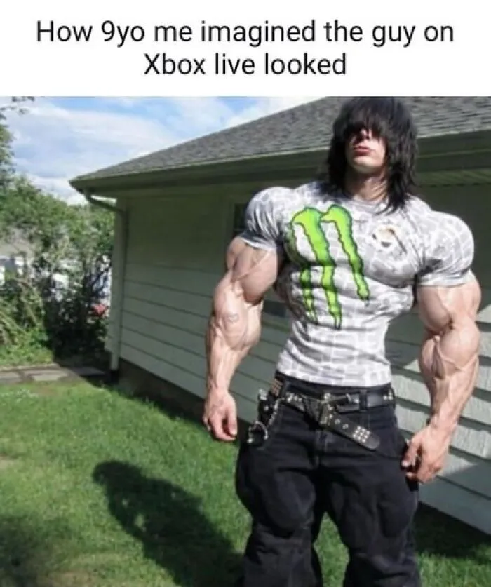Meme showing exaggerated muscular man as imagined Xbox Live player