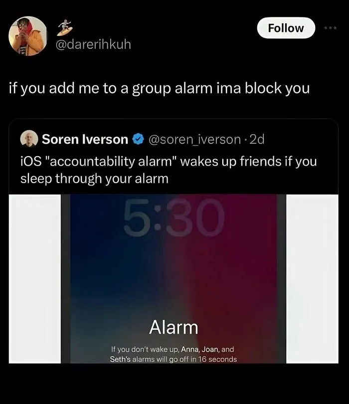 Social media screenshot about a group alarm feature, a dark humor meme