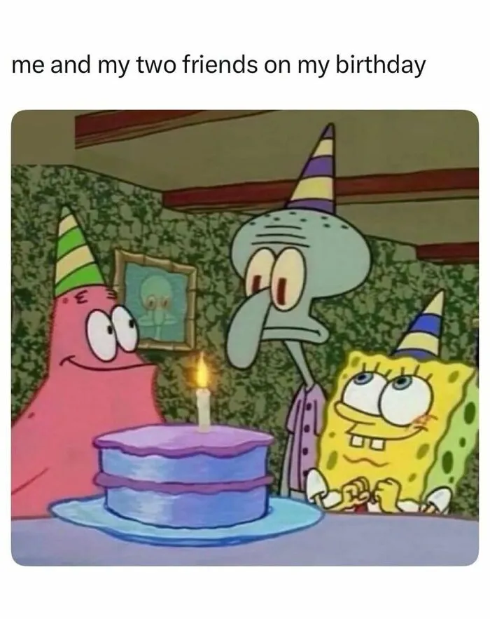 SpongeBob meme depicting three friends at a birthday party with awkward expressions