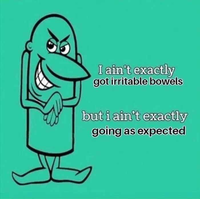 Green cartoon character scheming next to a humorous joke caption, showcasing funny relatable memes.