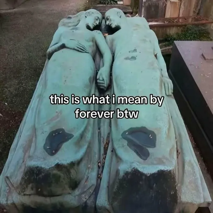 Relatable funny memes showing stone statue lovers holding hands with text about forever love