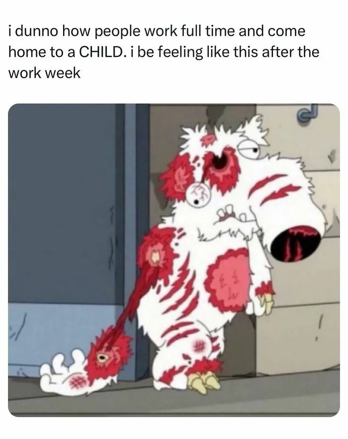 Exhausted cartoon dog looking worn out after work meme