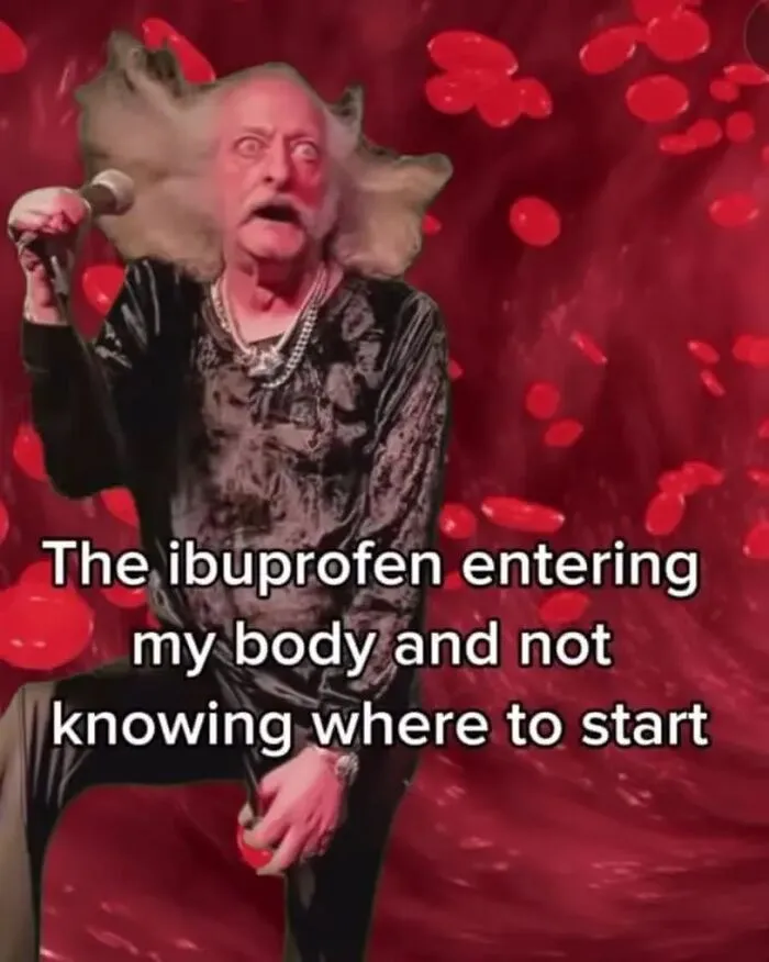 Funny meme about ibuprofen confusion with man and red blood cells
