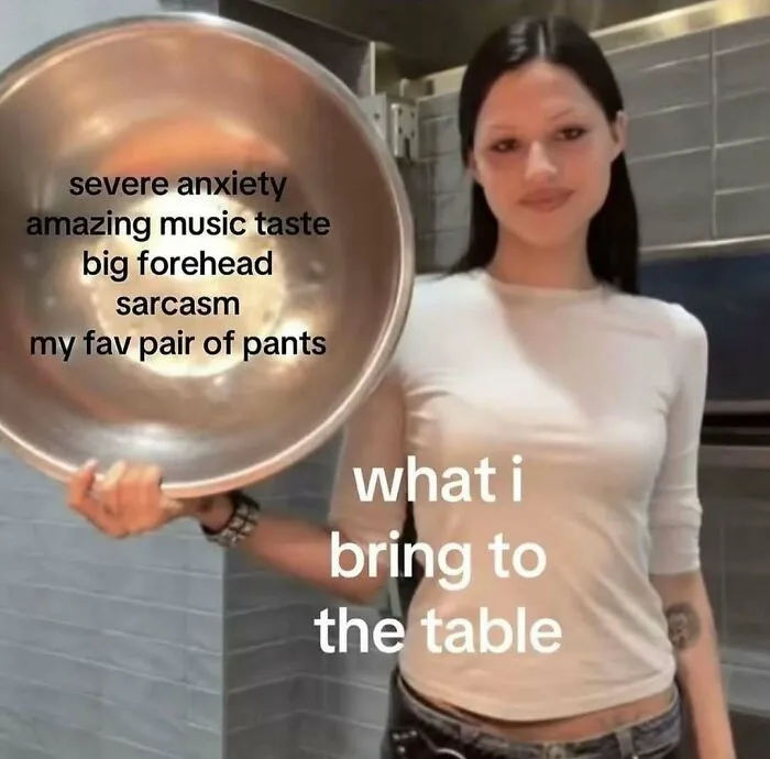 Funny meme of Mia Goth presenting what she brings to the table and funny memes