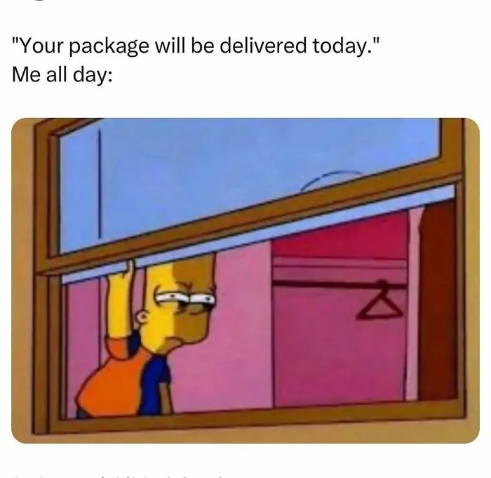 Cartoon character Bart Simpson peeking outside a window impatiently waiting for a package meme