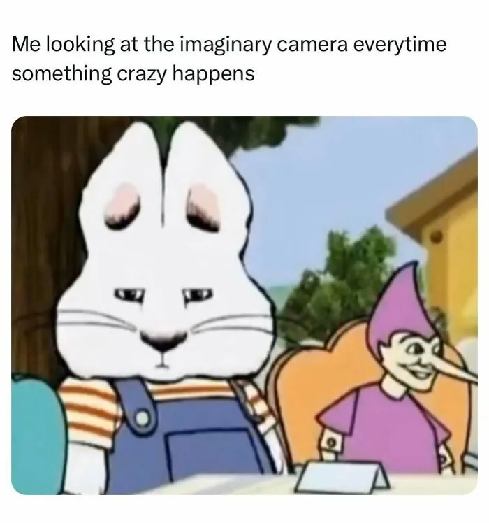 Cartoon rabbit looking at imaginary camera meme for funny moments