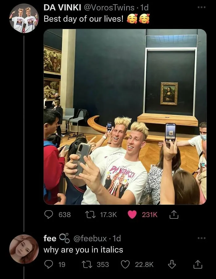 A social media post with out-of-context pics showing blonde twins taking a selfie in front of the Mona Lisa.