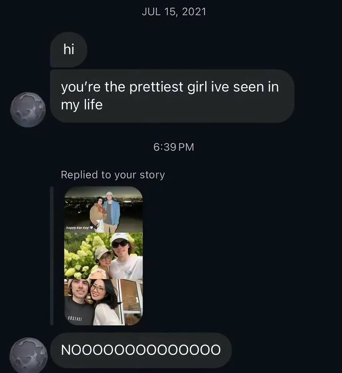 Social media direct message where a compliment is ruined after seeing photos of the girl with her boyfriend.
