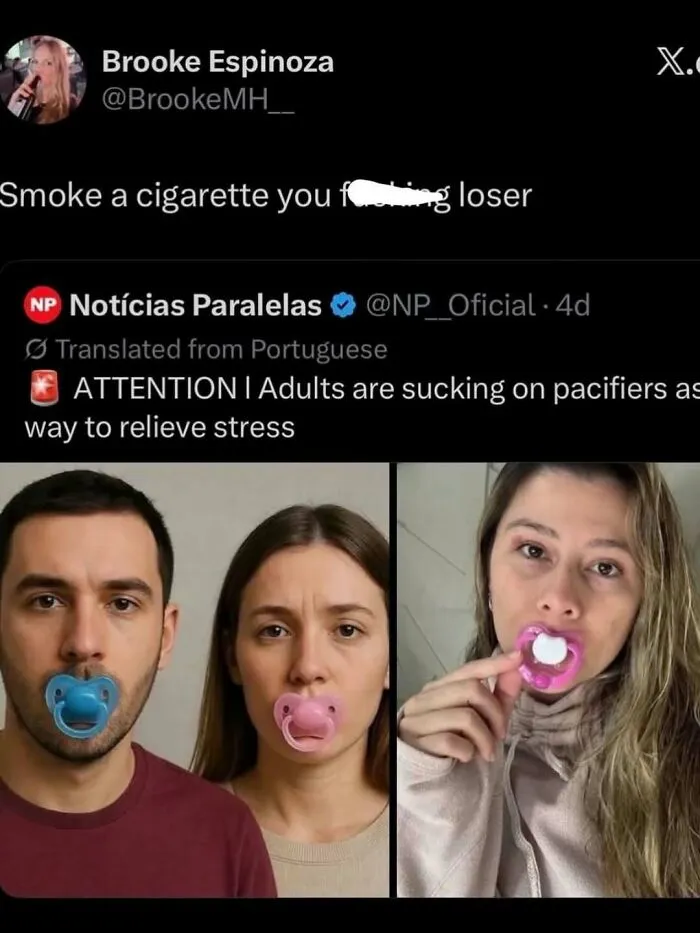 Relatable memes showing adults using pacifiers for stress relief with a funny reaction comment.