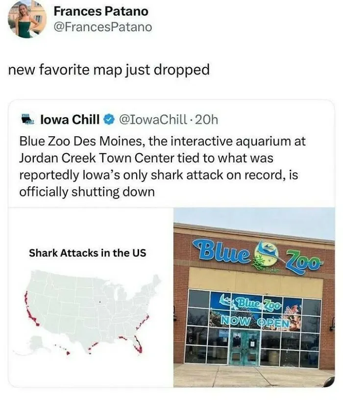 A social media screenshot featuring a US map of shark attacks as an out-of-context pic next to a Blue Zoo store.