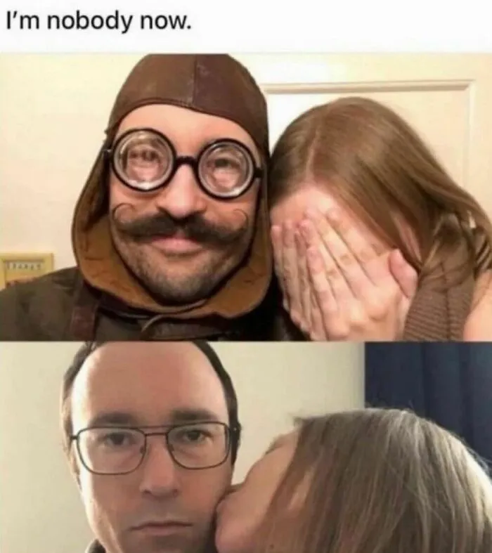 A man wearing a pilot helmet next to his normal look, among out-of-context pics.