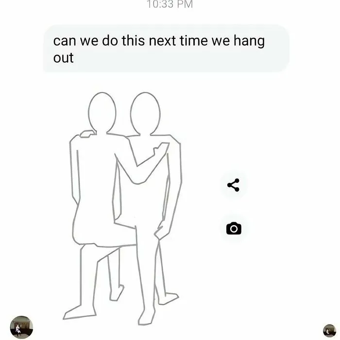 Simple stick figure drawing showing an awkward embrace, perfect for out of context pics about modern dating.