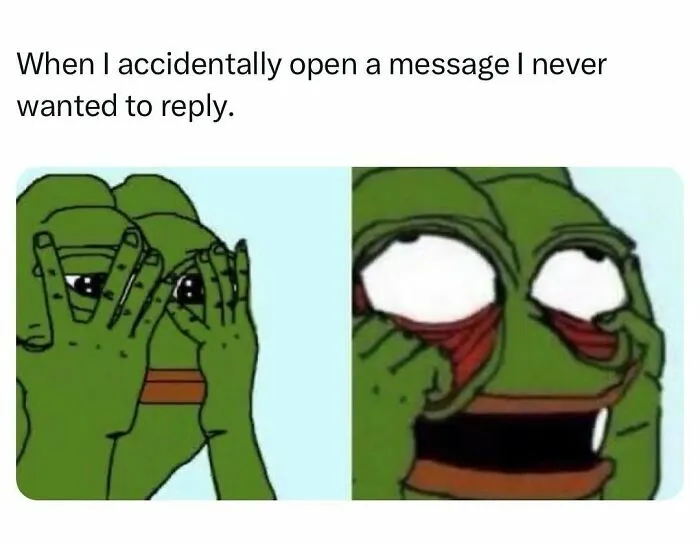 Pepe the Frog meme expressing regret over opening unwanted message