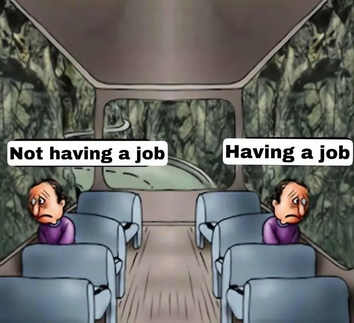 Bus meme showing sad passengers on both sides, used as out of context pics about employment status.