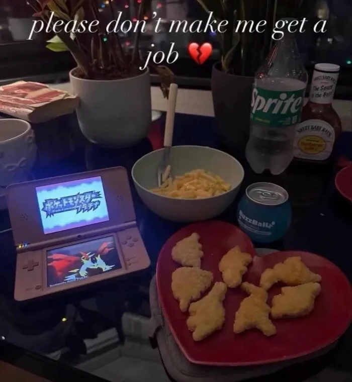 Relatable meme showing gaming and snacks with caption about job fears