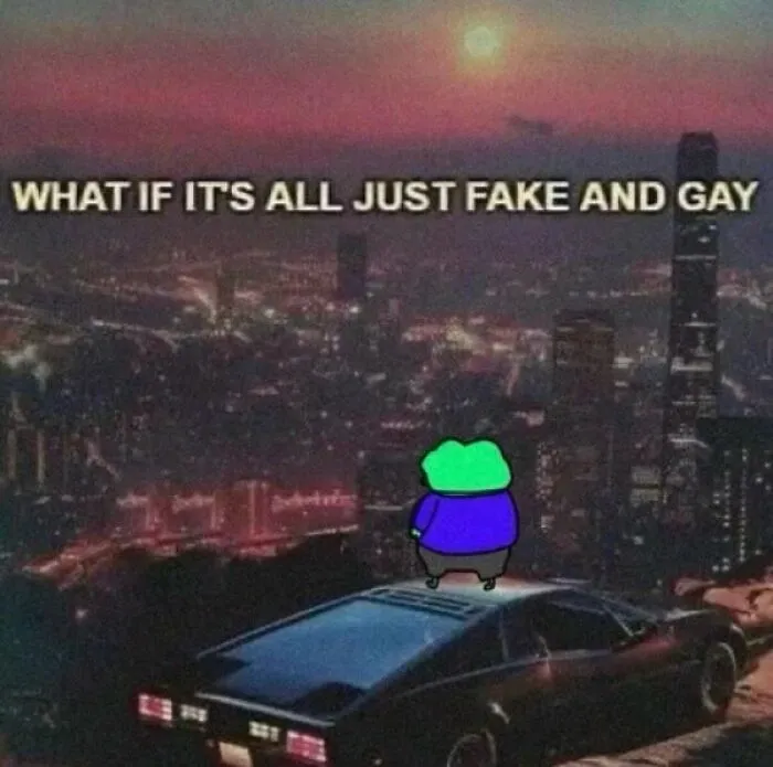 Dark cityscape meme with text about fake and gay for relatable thoughts