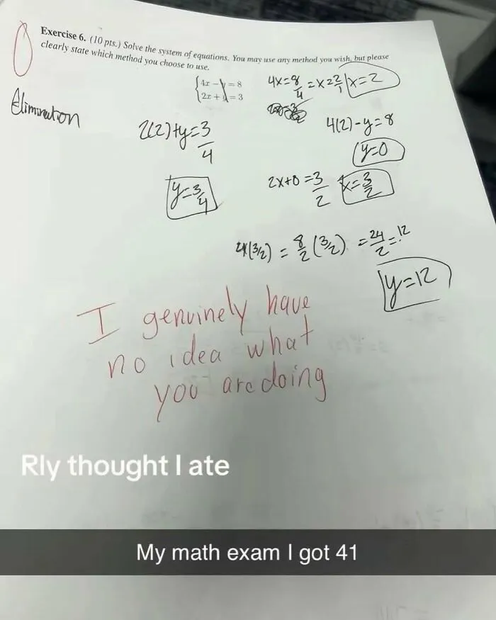 Math exam paper with teacher comment expressing confusion about student's work
