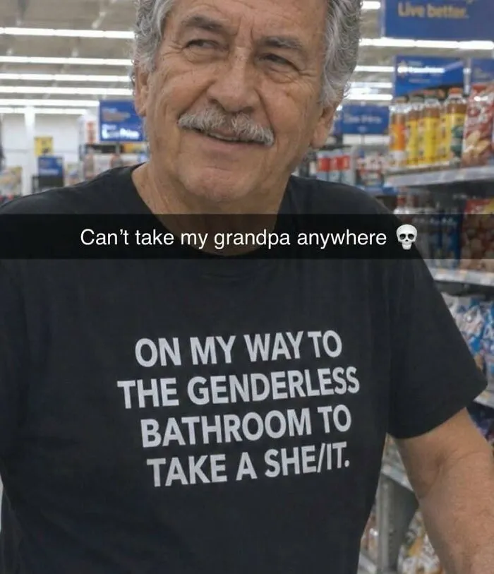 Grandpa wearing a humorous shirt about genderless bathroom restroom meme