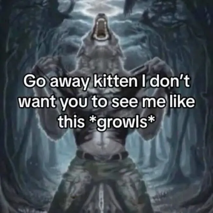 Relatable meme of a growling werewolf telling kitten to go away