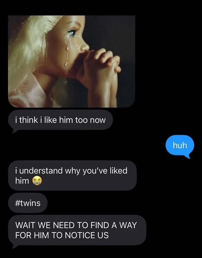Awkward text screenshots showing a chat message about liking the same crush with a crying doll image.