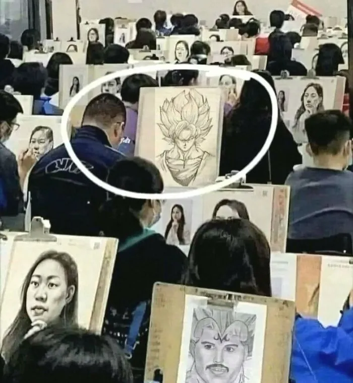 Hilarious pics of a student sketching Goku in an art class full of realistic portraits