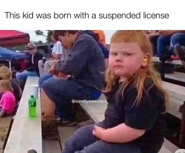 Funny rednecks meme featuring a young boy sitting on bleachers with a mullet haircut and earplugs.