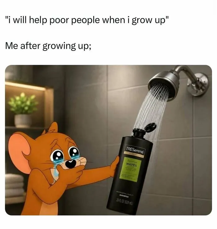 Funny meme with crying cartoon mouse holding a shampoo bottle in a shower