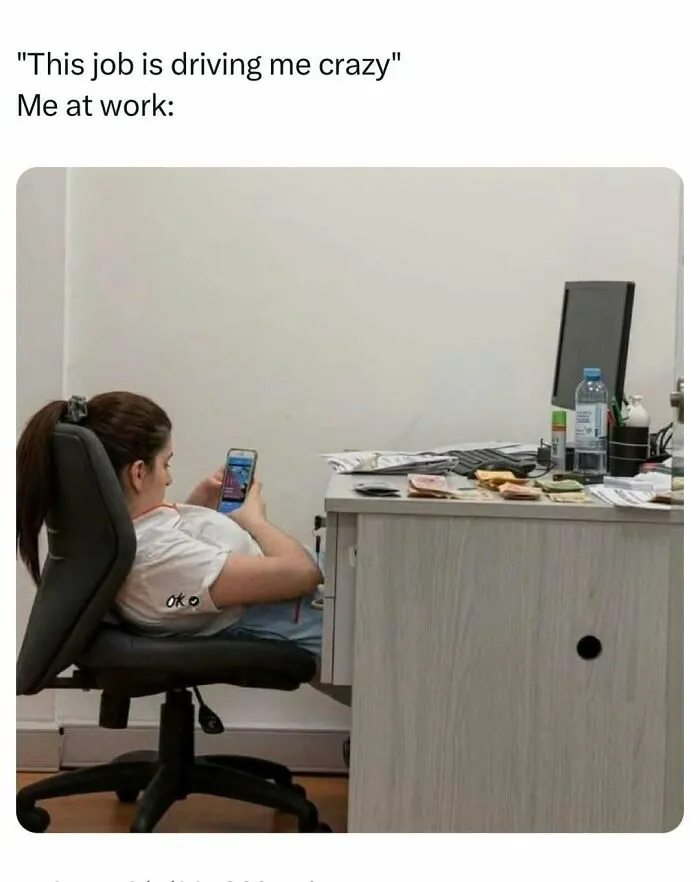 Person playing on phone at work meme about job driving crazy