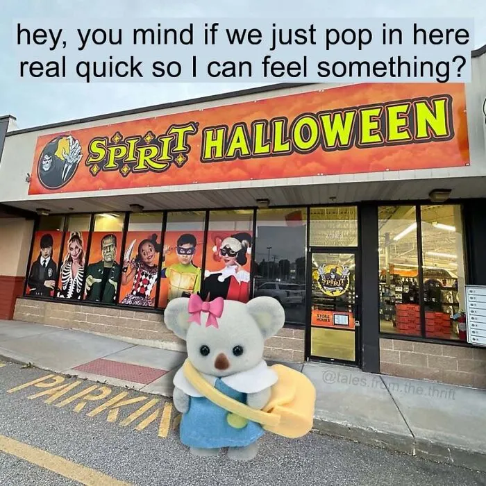 Cute funny Halloween memes depicting a small toy character standing outside a Spirit Halloween store front.
