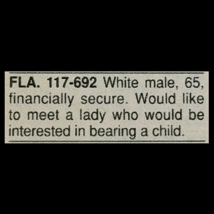 A short vintage personal ad from the past printed in a newspaper seeking a partner to start a family.