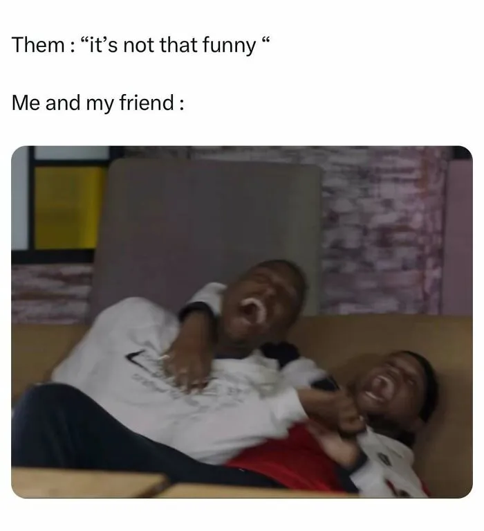 Two friends laughing hard at a joke about a meme not being funny