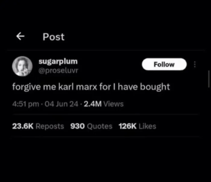 Social media post meme referencing Karl Marx with humorous tone
